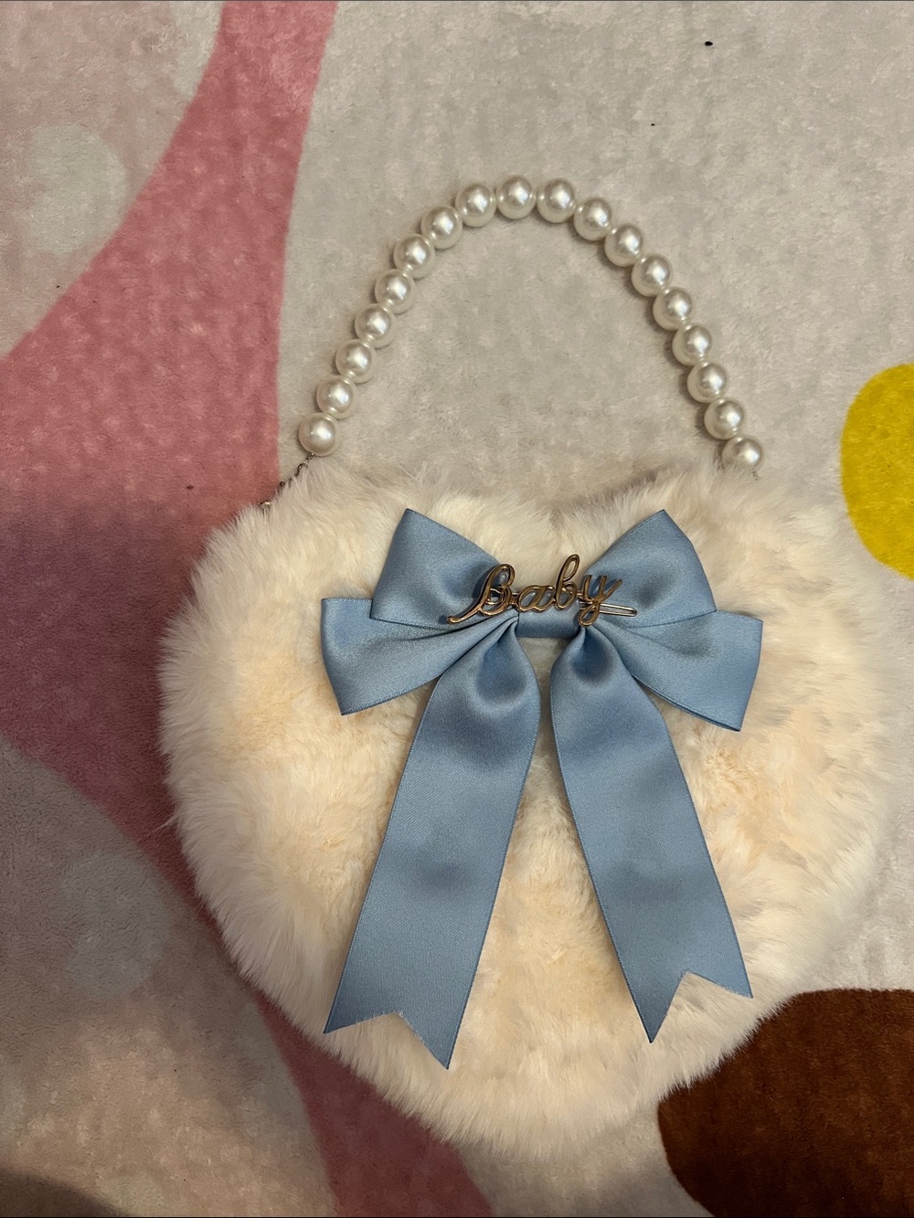 Baby Blue Bow Faux Fur Heart Crossbody Bag